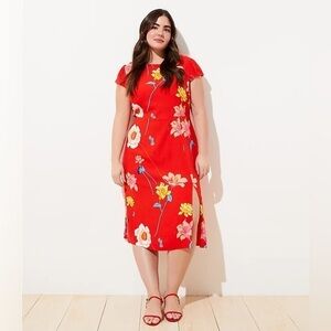Loft Dress Womens 24 Plus Red Lily Cap Sleeve Floral Side Slit Midi New